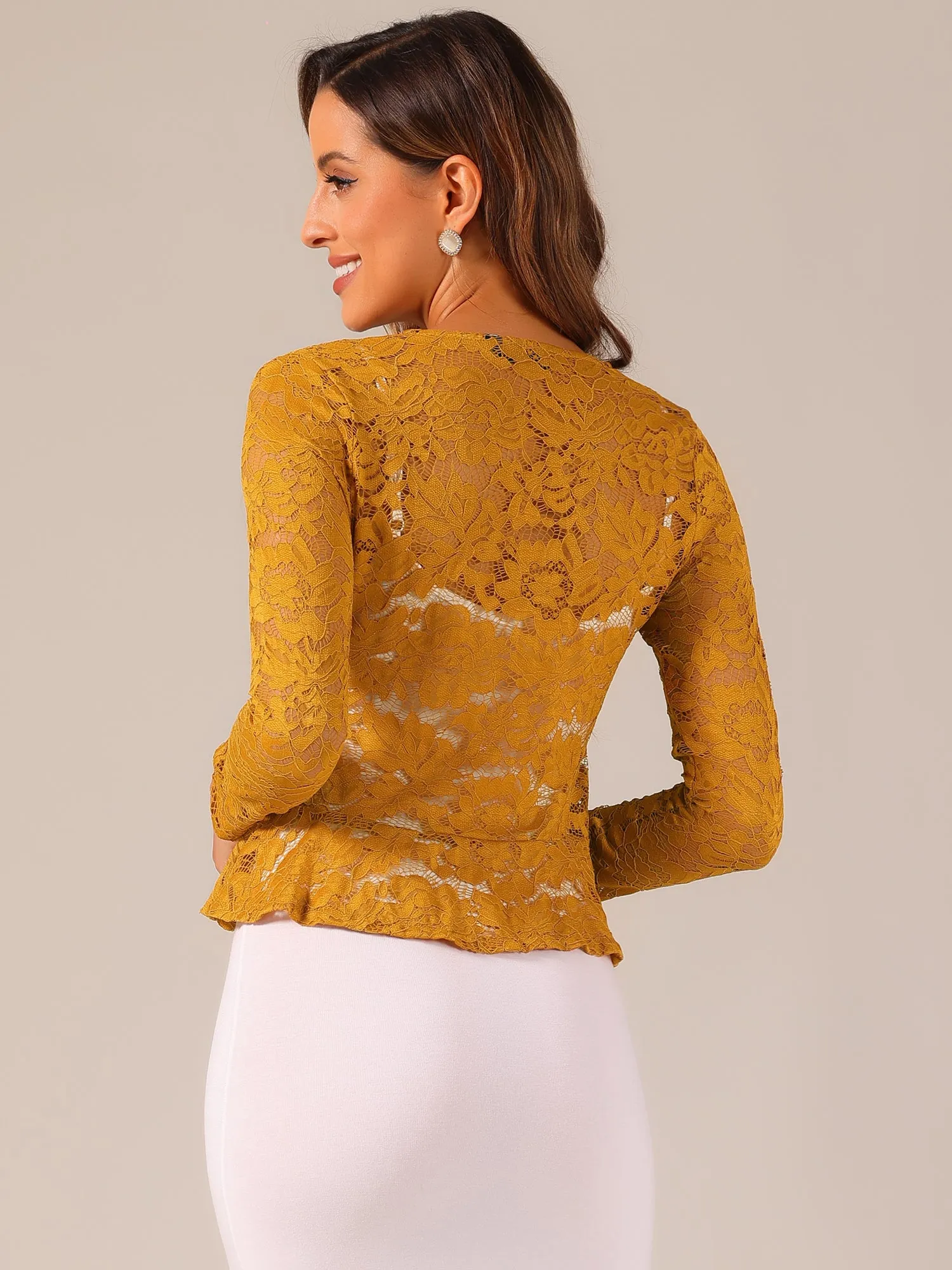 Floral Lace Shrug Tie Front Ruffled Hem Sheer Crop Bolero