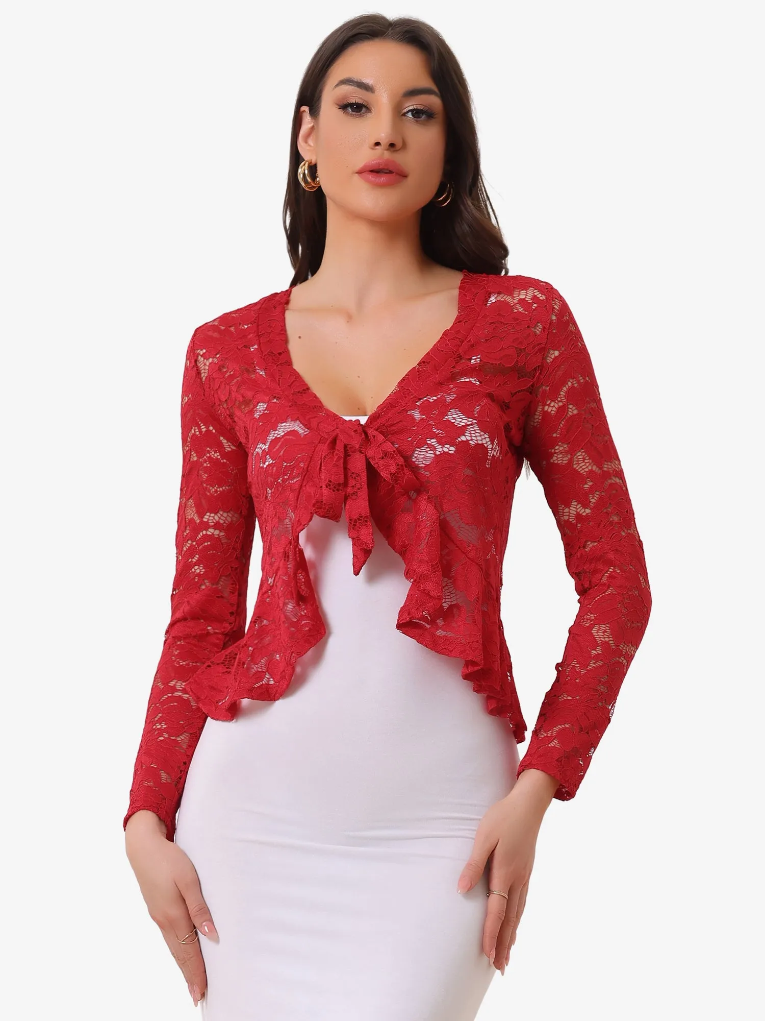Floral Lace Shrug Tie Front Ruffled Hem Sheer Crop Bolero