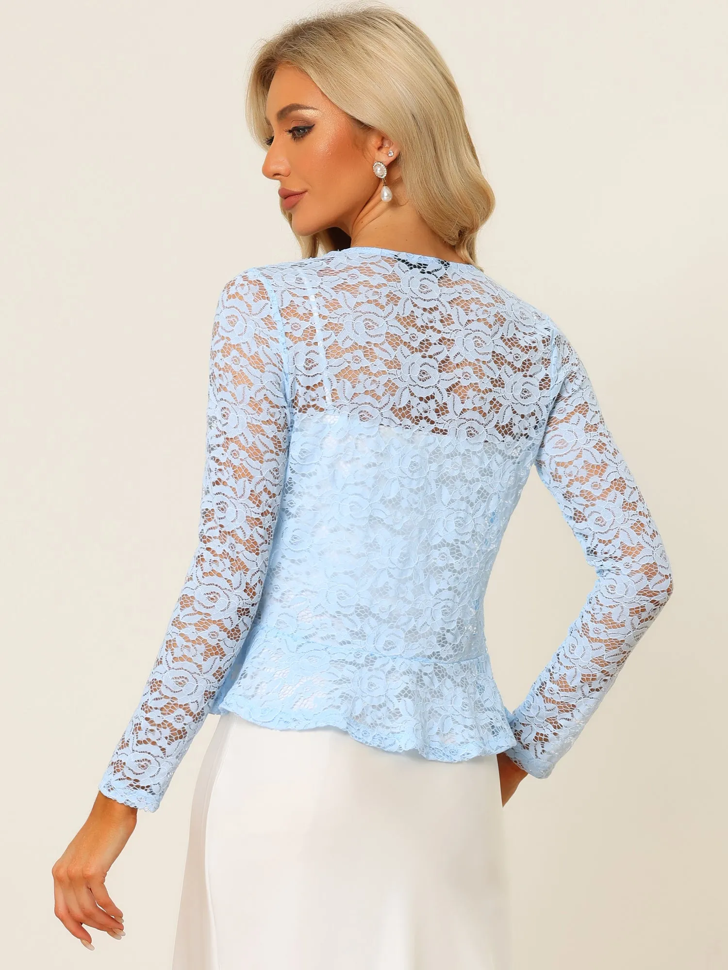 Floral Lace Shrug Tie Front Ruffled Hem Sheer Crop Bolero