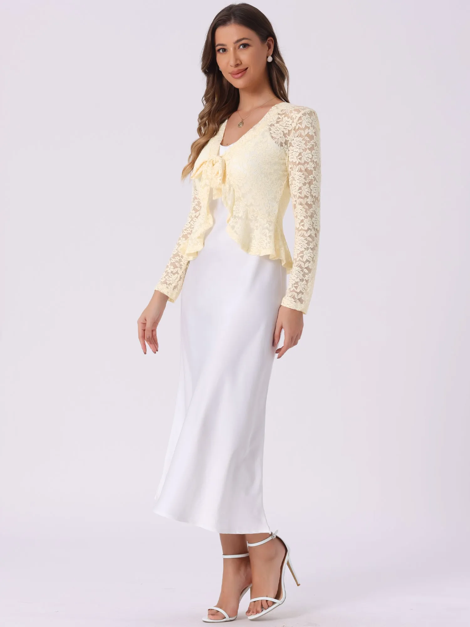 Floral Lace Shrug Tie Front Ruffled Hem Sheer Crop Bolero