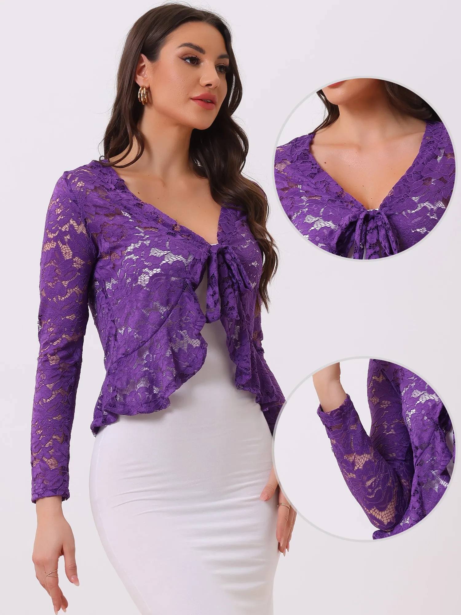 Floral Lace Shrug Tie Front Ruffled Hem Sheer Crop Bolero