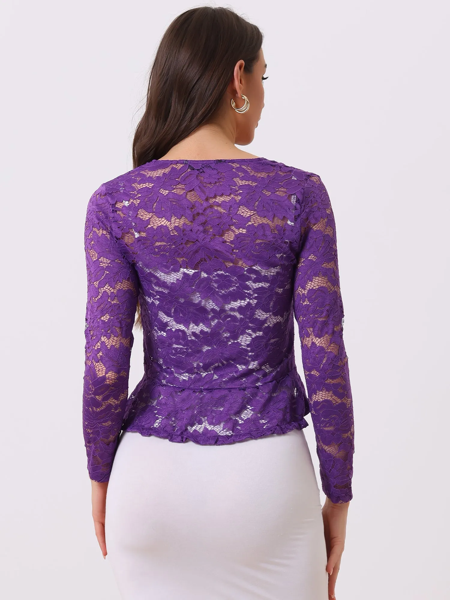 Floral Lace Shrug Tie Front Ruffled Hem Sheer Crop Bolero