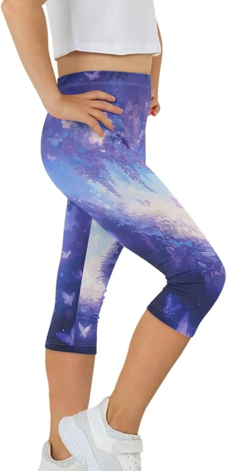 Girls 3/4 Capri Pants,Flexible Yoga Running Leggings High Waisted Stretch Below Knee Shorts for Casual Active