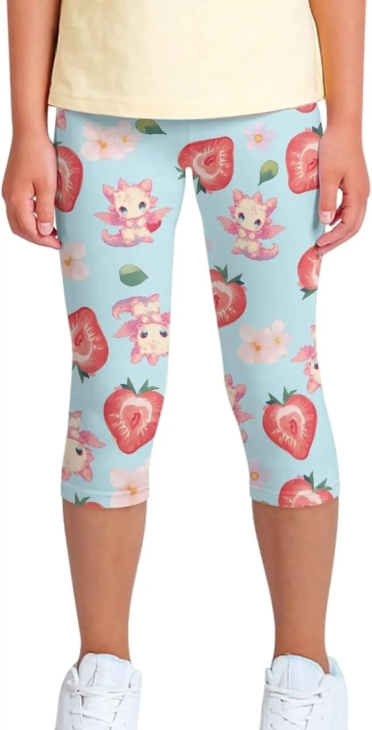Girls 3/4 Capri Pants,Flexible Yoga Running Leggings High Waisted Stretch Below Knee Shorts for Casual Active
