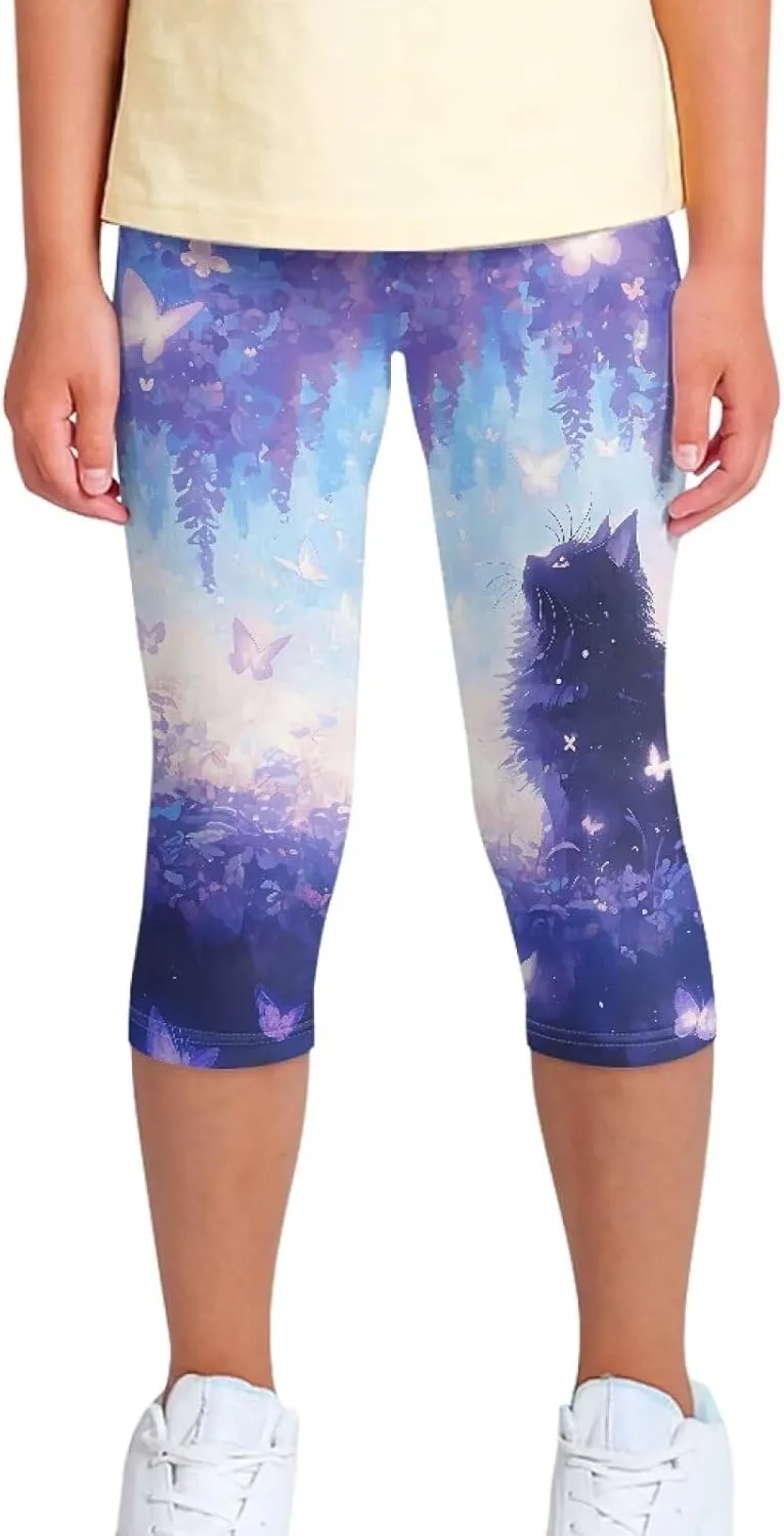 Girls 3/4 Capri Pants,Flexible Yoga Running Leggings High Waisted Stretch Below Knee Shorts for Casual Active