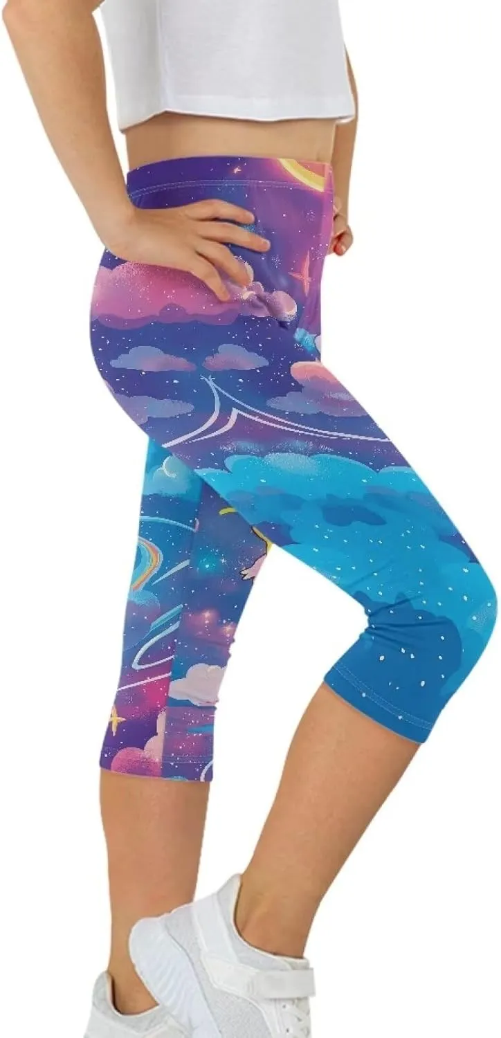 Girls 3/4 Capri Pants,Flexible Yoga Running Leggings High Waisted Stretch Below Knee Shorts for Casual Active