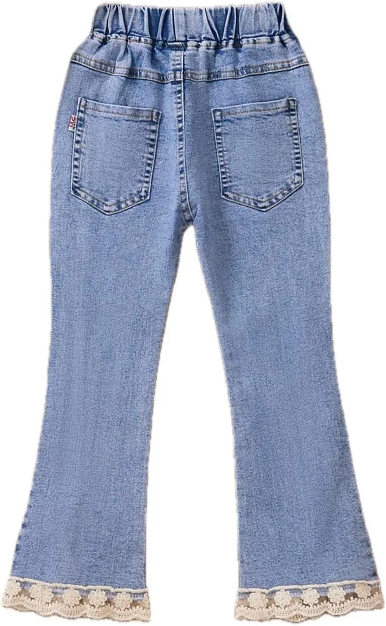 Girls Flare Jeans High Waisted Elastic Waist Jeans Solid Stretchy Denim Pants