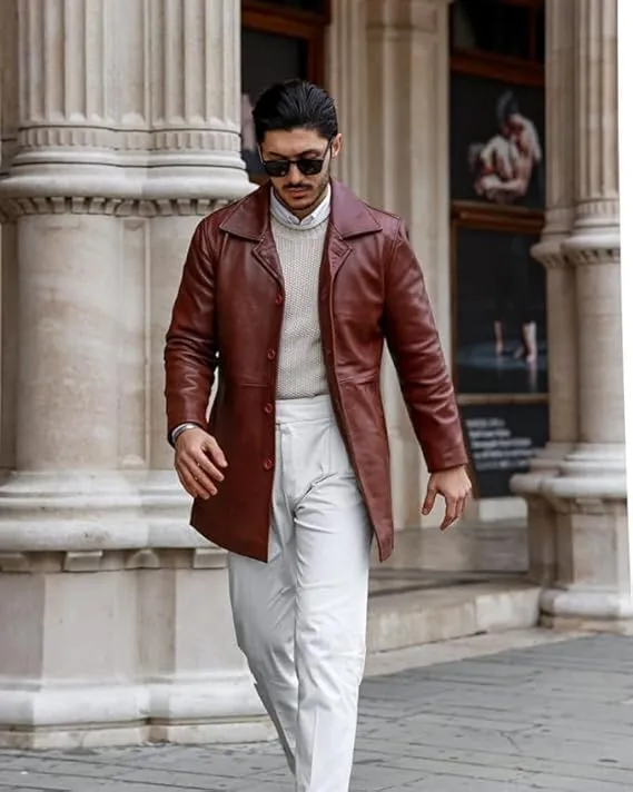 Leather Coat Men - Carcoat Style Winter Classic Long Real Leather Jackets For Men