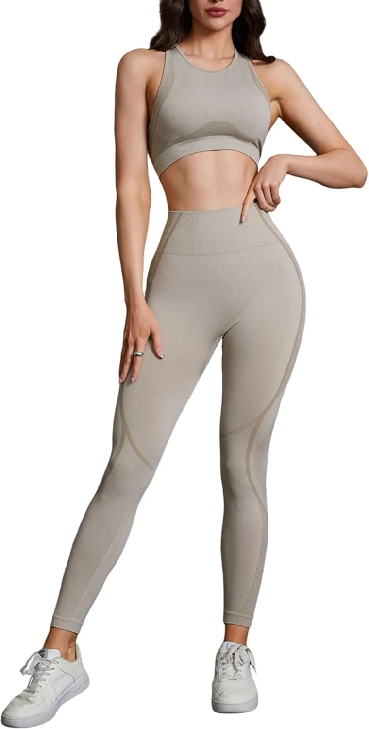 MakeMeChic Women's Two Piece Sports Workout Sets Sleeveless Seamless Racerback Crop Tops Leggings Tracksuit