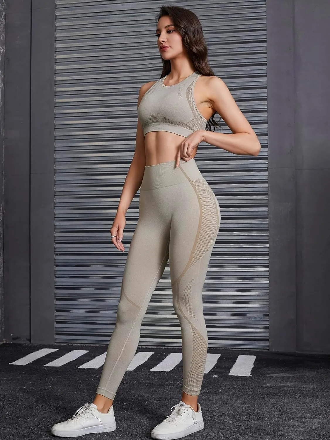 MakeMeChic Women's Two Piece Sports Workout Sets Sleeveless Seamless Racerback Crop Tops Leggings Tracksuit