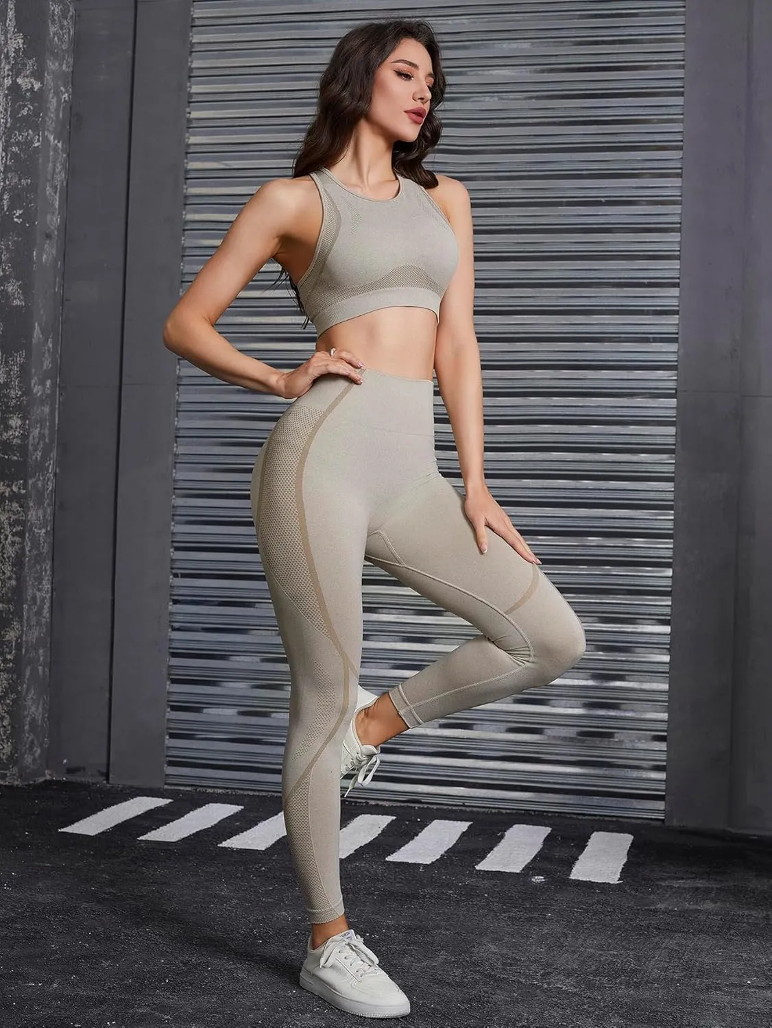MakeMeChic Women's Two Piece Sports Workout Sets Sleeveless Seamless Racerback Crop Tops Leggings Tracksuit