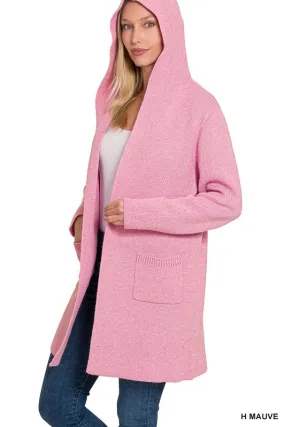 Mauve Hooded Open Front Sweater Cardigan
