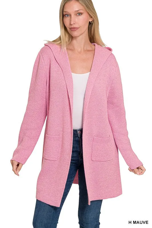 Mauve Hooded Open Front Sweater Cardigan