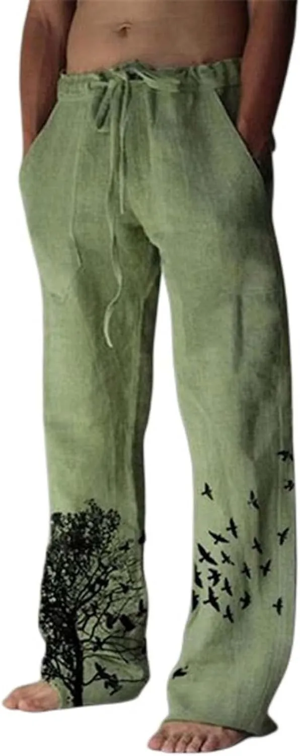 Mens Casual Cotton Linen Pants Print Wide Leg Elastic Waist Sweatpants Drawstring Soft Athletic Lounge Trousers