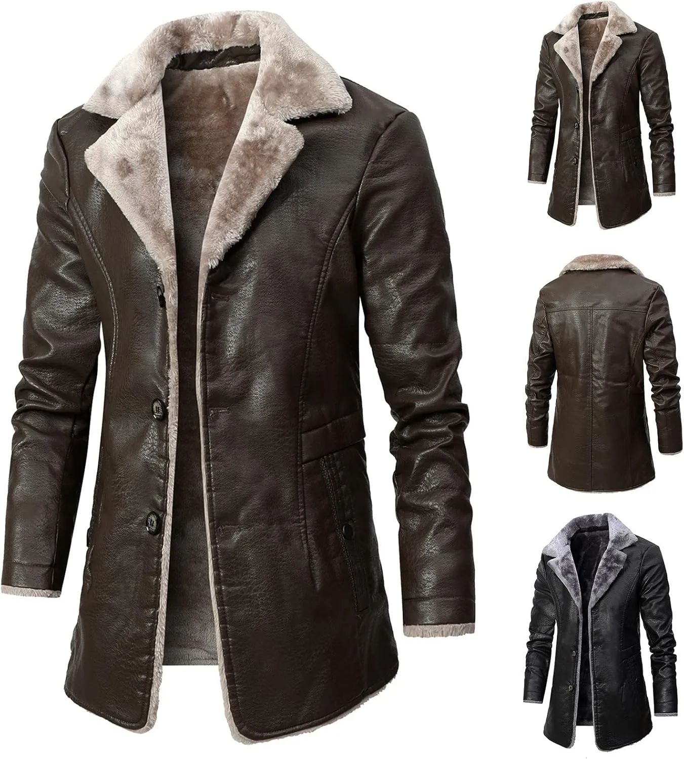 Men's Faux Leather Jacket Thick Faux Fur Shearling Lapel Collar Botton Down Long Trench Coats Long Pu Leather Jacket