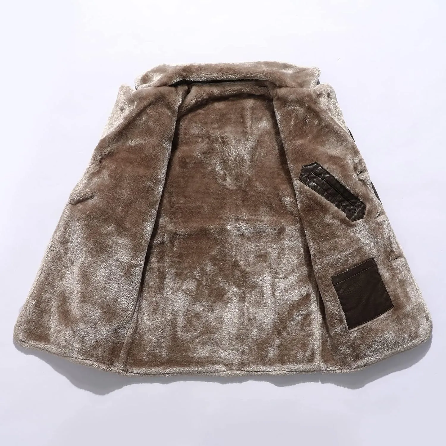 Men's Faux Leather Jacket Thick Faux Fur Shearling Lapel Collar Botton Down Long Trench Coats Long Pu Leather Jacket
