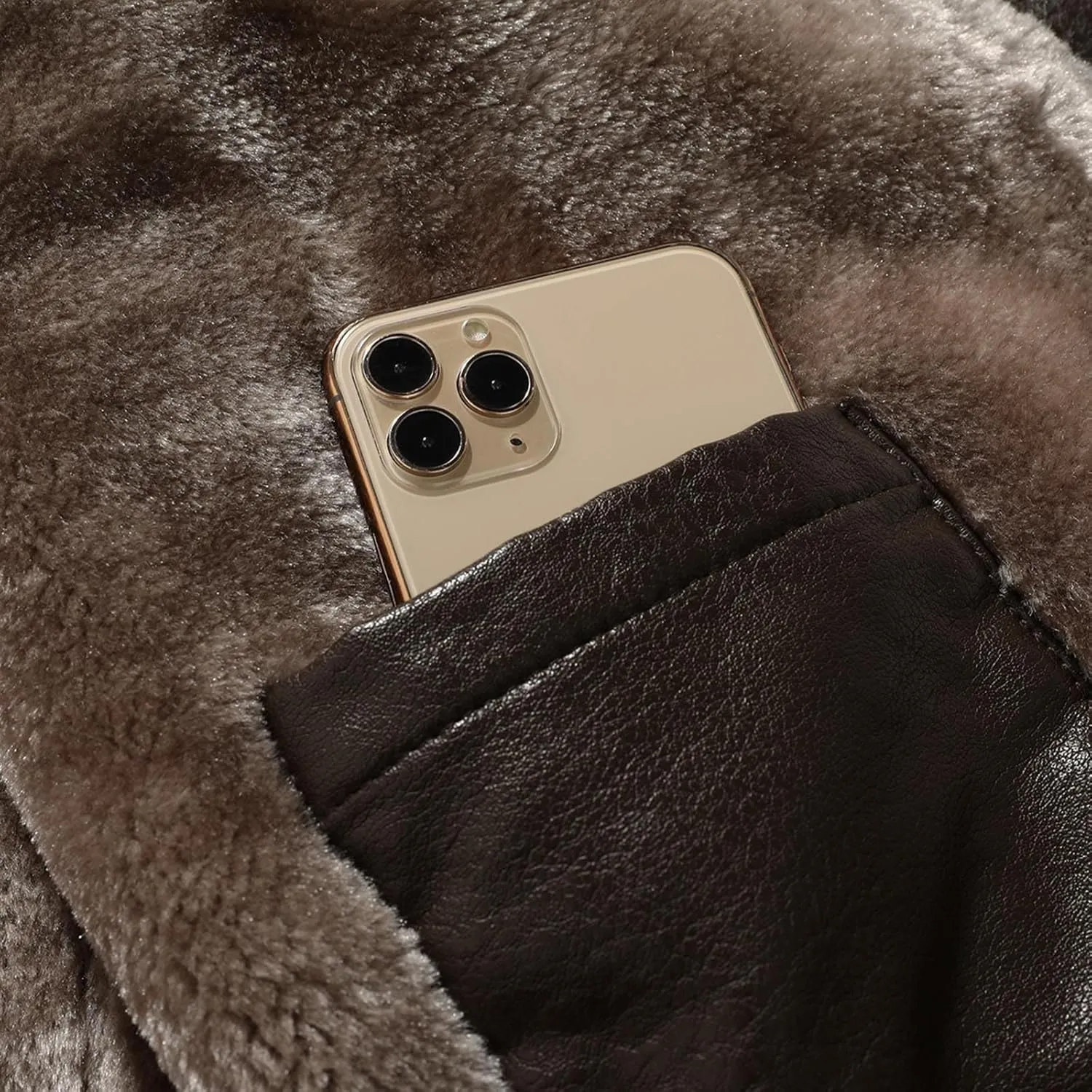 Men's Faux Leather Jacket Thick Faux Fur Shearling Lapel Collar Botton Down Long Trench Coats Long Pu Leather Jacket