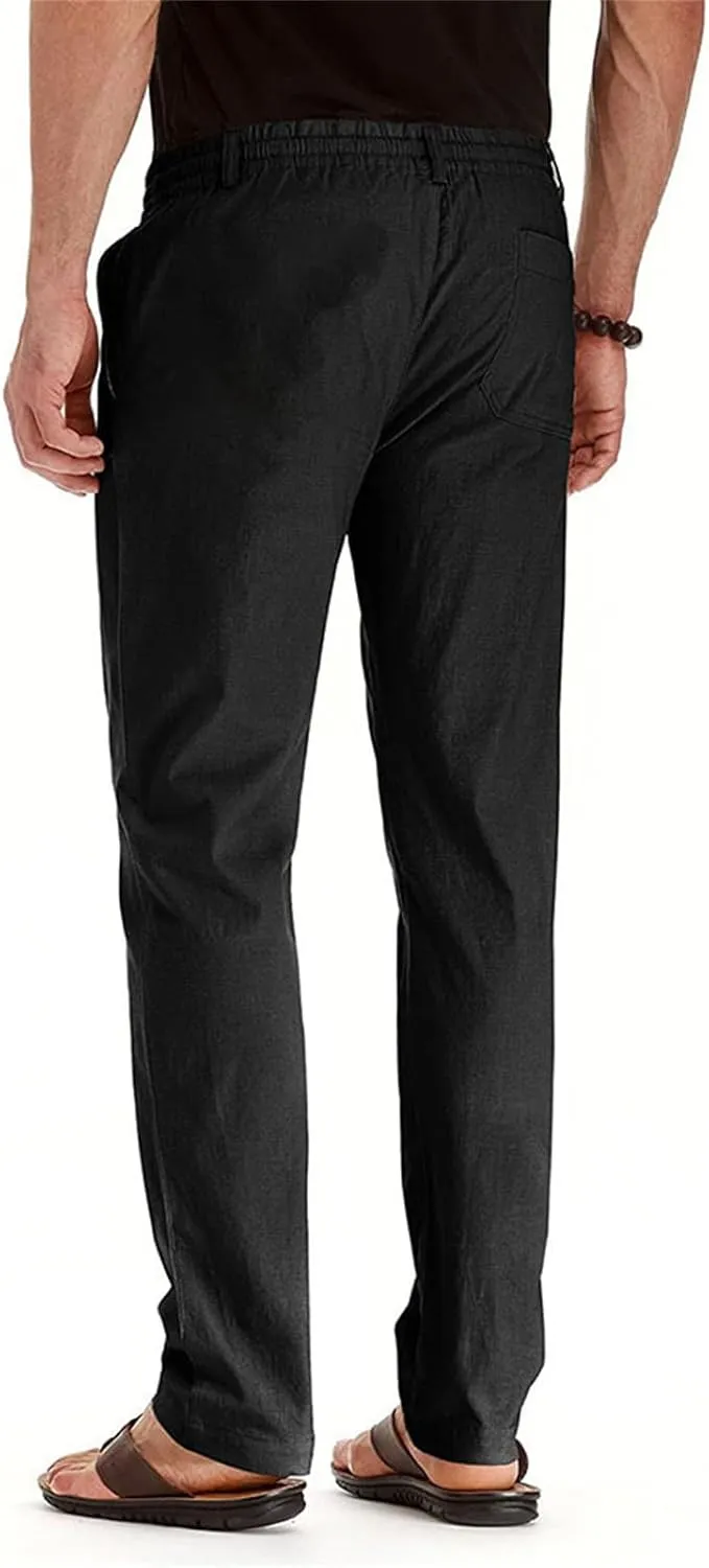 Mens Linen Drawstring Pants Jogger Loose Stretch Sweatpants Soft Elastic Waist Casual Fall Bussiness Trousers