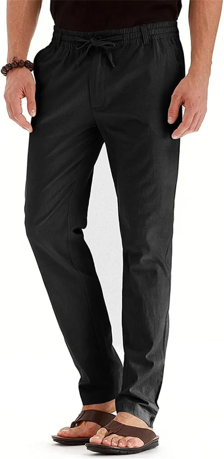 Mens Linen Drawstring Pants Jogger Loose Stretch Sweatpants Soft Elastic Waist Casual Fall Bussiness Trousers