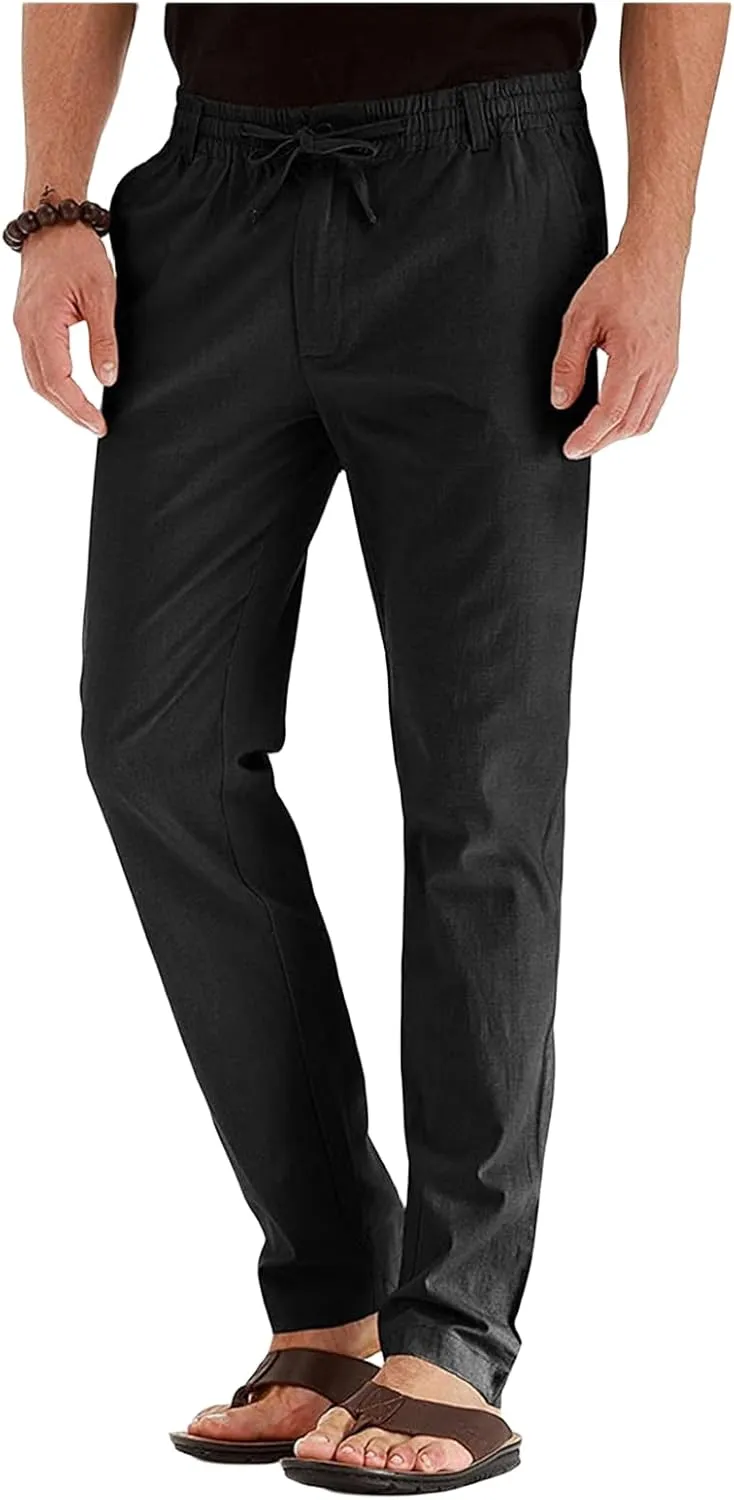 Mens Linen Drawstring Pants Jogger Loose Stretch Sweatpants Soft Elastic Waist Casual Fall Bussiness Trousers
