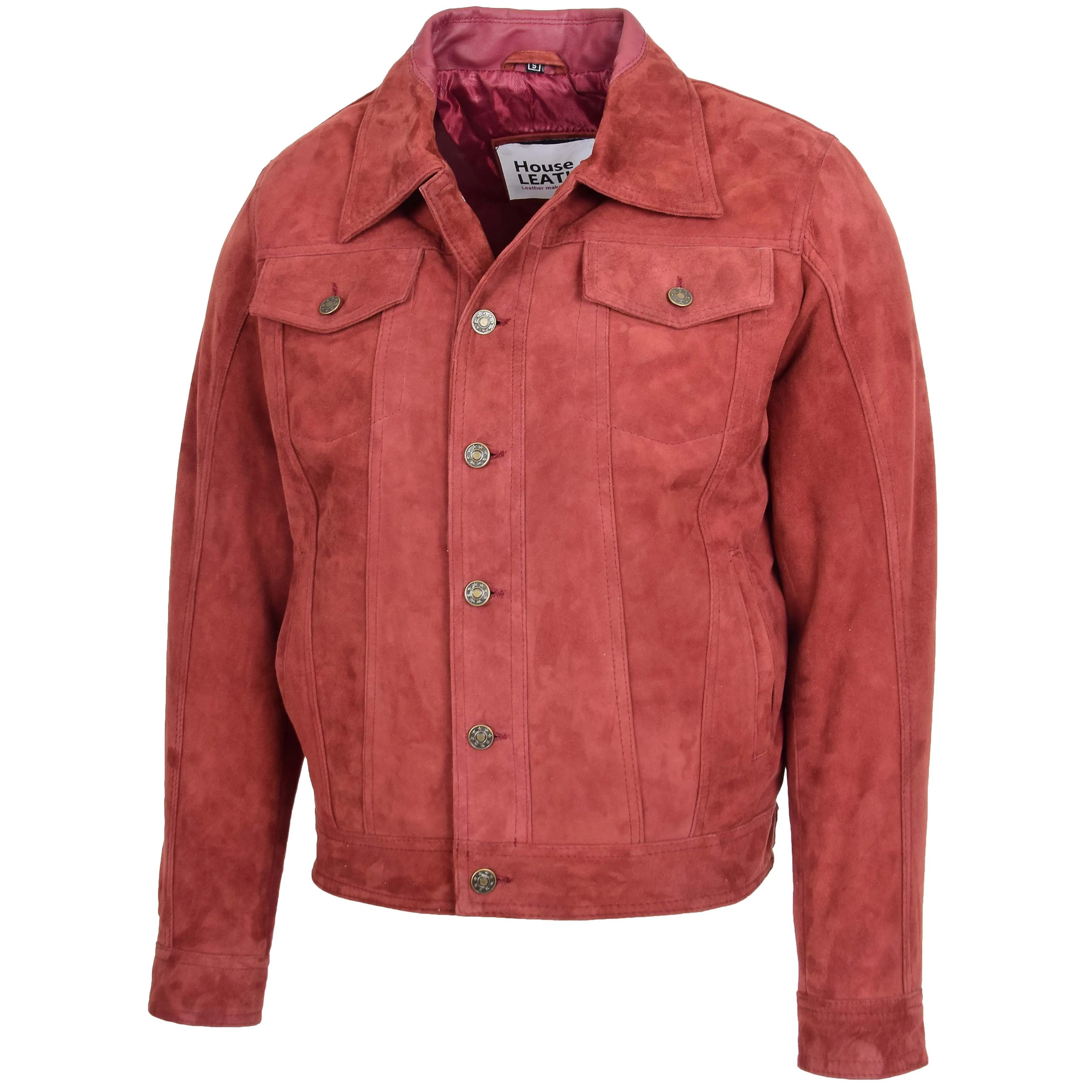 Mens Real Suede Trucker Harrington Jacket Daryl Burgundy