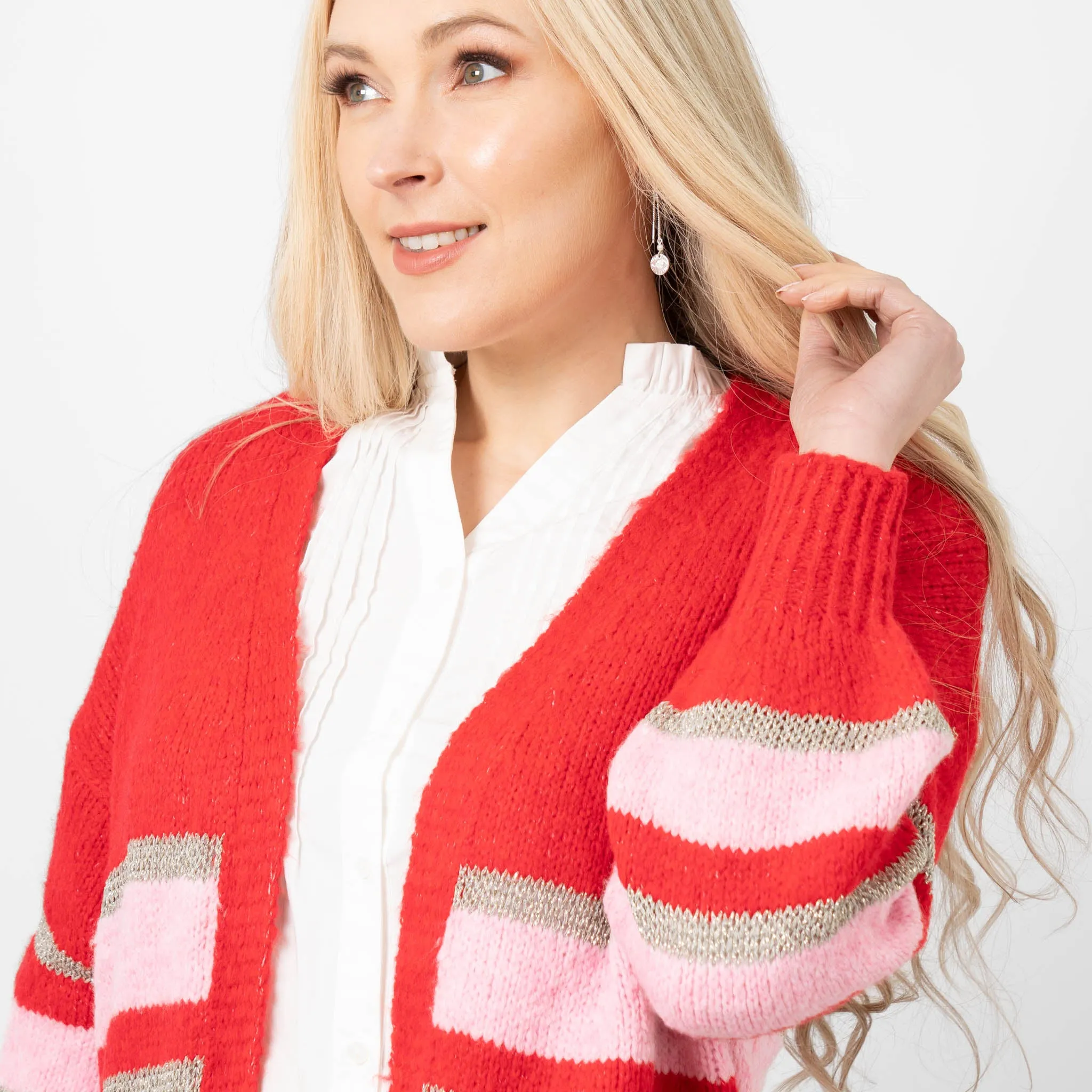Paris Wool Blend Cardigan - Red/Light Pink/Gold, Striped