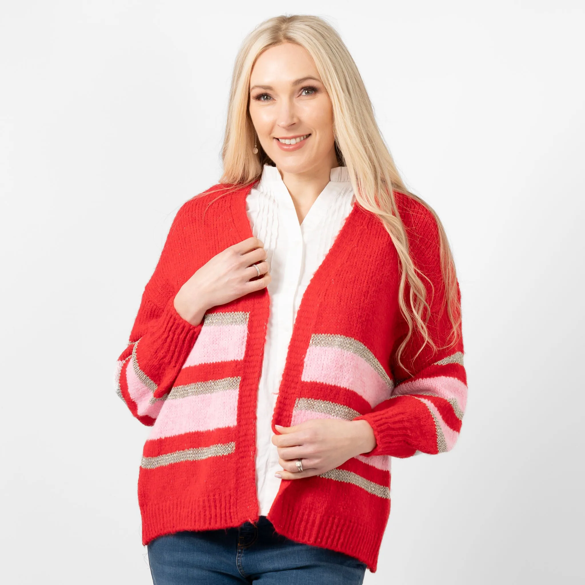 Paris Wool Blend Cardigan - Red/Light Pink/Gold, Striped