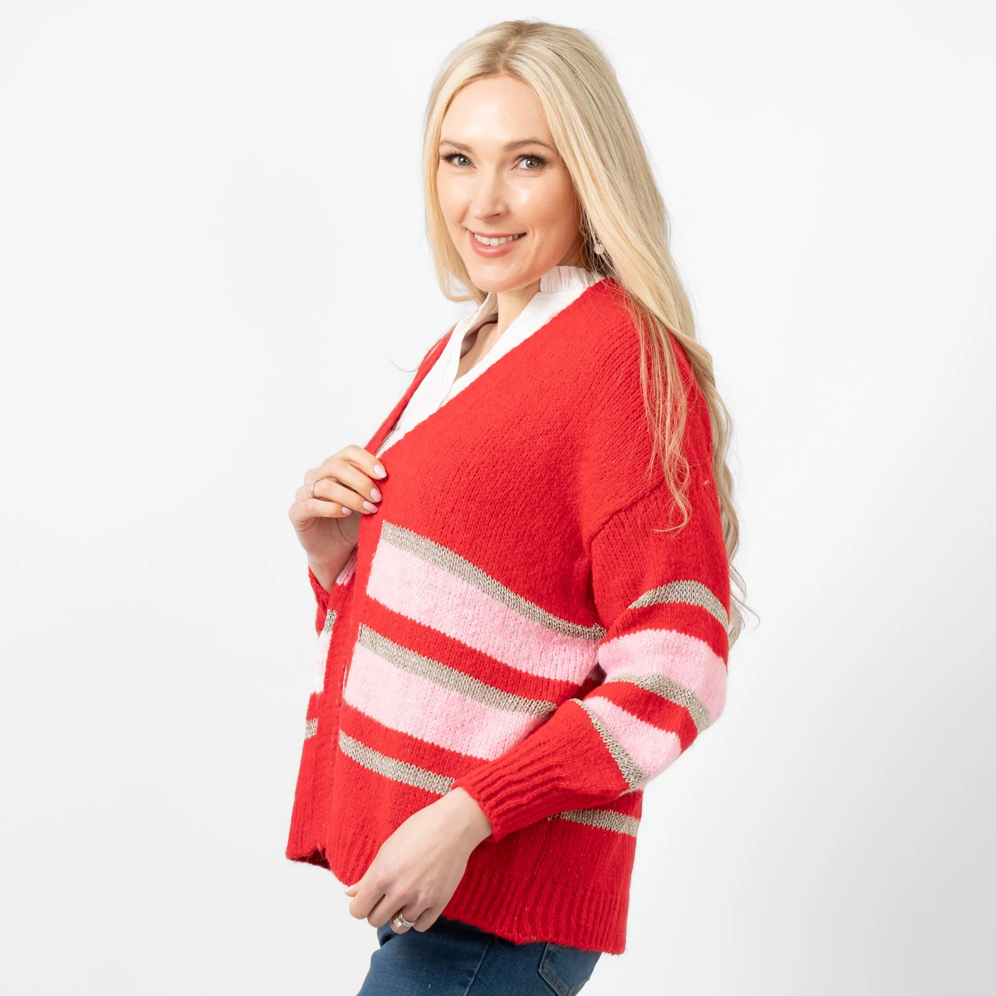 Paris Wool Blend Cardigan - Red/Light Pink/Gold, Striped