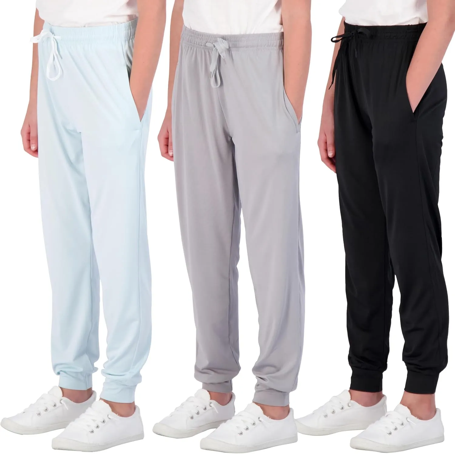 Real Essentials 3 Pack: Girls' Dry-Fit Jogger Sweatpants Soft Active Athletic Kids Joggers with Pockets & Drawstring
