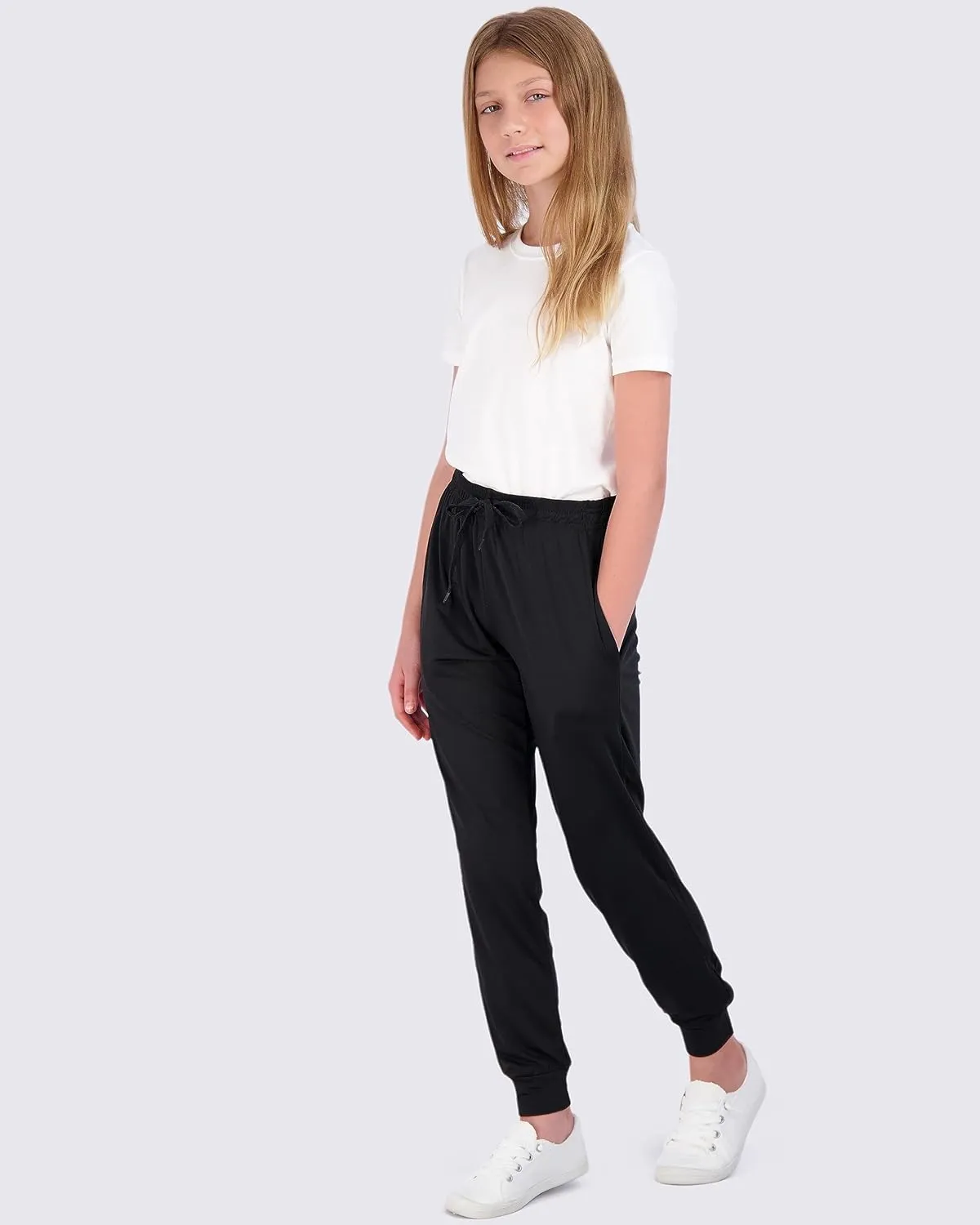 Real Essentials 3 Pack: Girls' Dry-Fit Jogger Sweatpants Soft Active Athletic Kids Joggers with Pockets & Drawstring