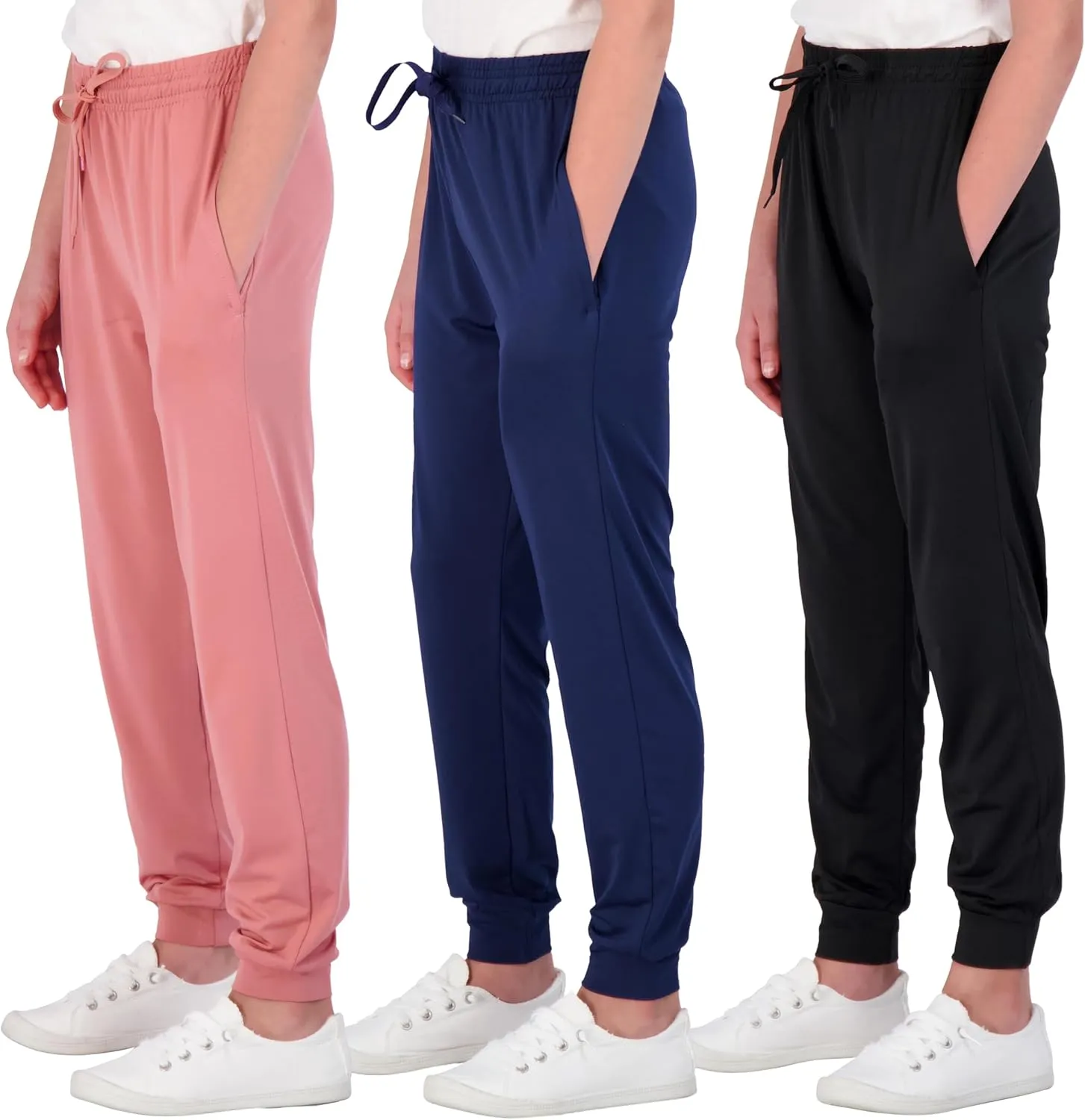 Real Essentials 3 Pack: Girls' Dry-Fit Jogger Sweatpants Soft Active Athletic Kids Joggers with Pockets & Drawstring