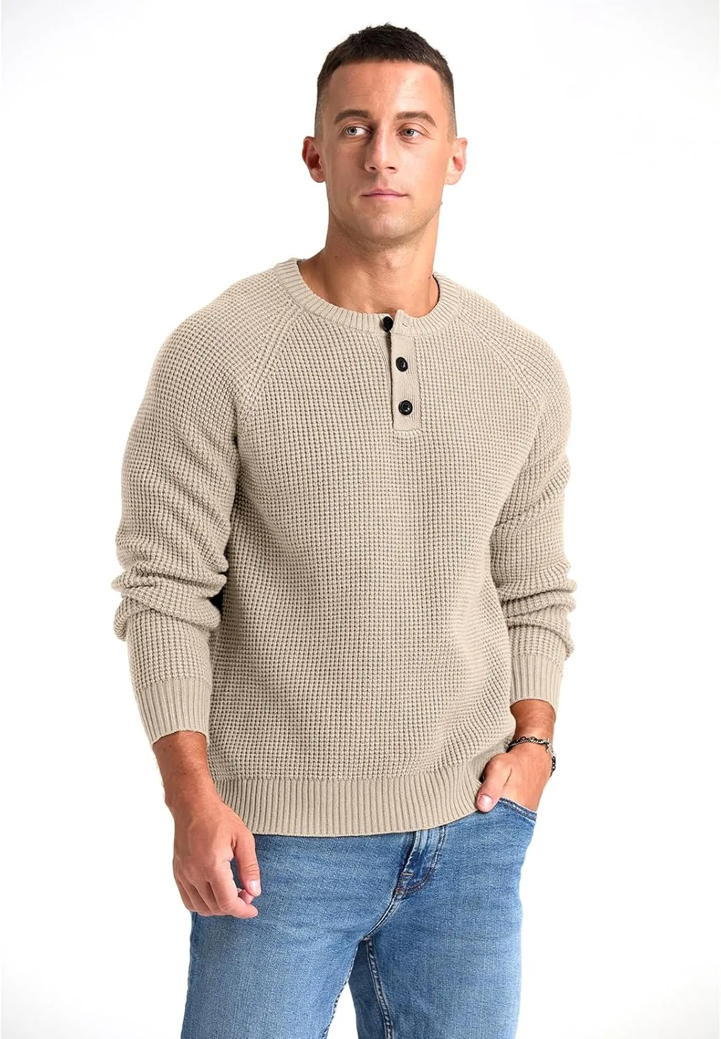 RQP Men's Henley Sweater Long Sleeve Button Crewneck Sweater Knit Sweater Casual Waffle Texture Pullover Sweater