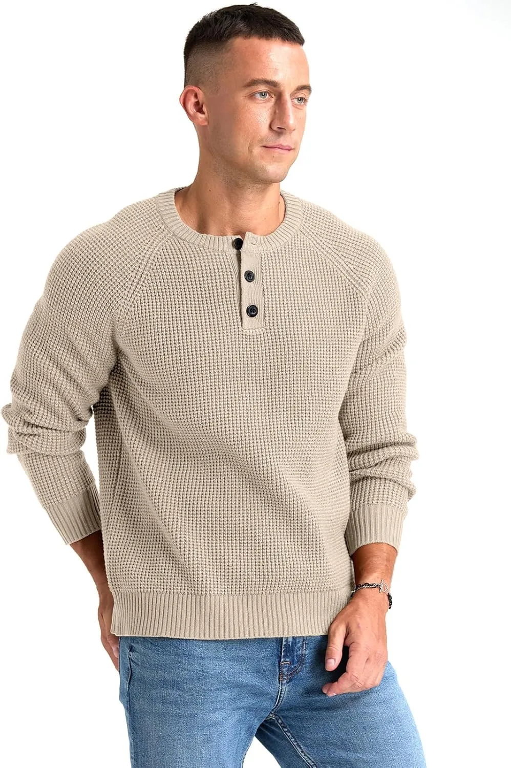 RQP Men's Henley Sweater Long Sleeve Button Crewneck Sweater Knit Sweater Casual Waffle Texture Pullover Sweater