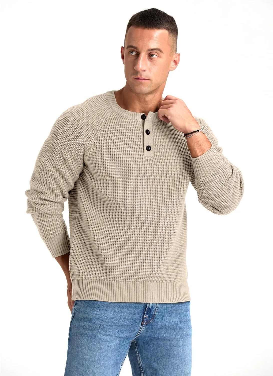 RQP Men's Henley Sweater Long Sleeve Button Crewneck Sweater Knit Sweater Casual Waffle Texture Pullover Sweater