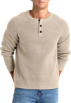 RQP Men's Henley Sweater Long Sleeve Button Crewneck Sweater Knit Sweater Casual Waffle Texture Pullover Sweater