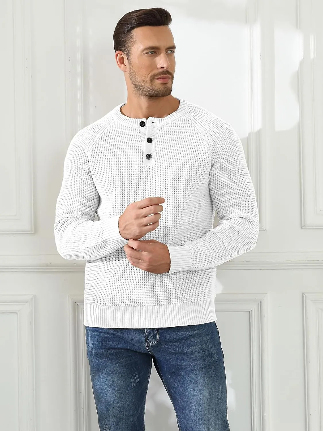 RQP Men's Henley Sweater Long Sleeve Button Crewneck Sweater Knit Sweater Casual Waffle Texture Pullover Sweater