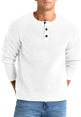 RQP Men's Henley Sweater Long Sleeve Button Crewneck Sweater Knit Sweater Casual Waffle Texture Pullover Sweater
