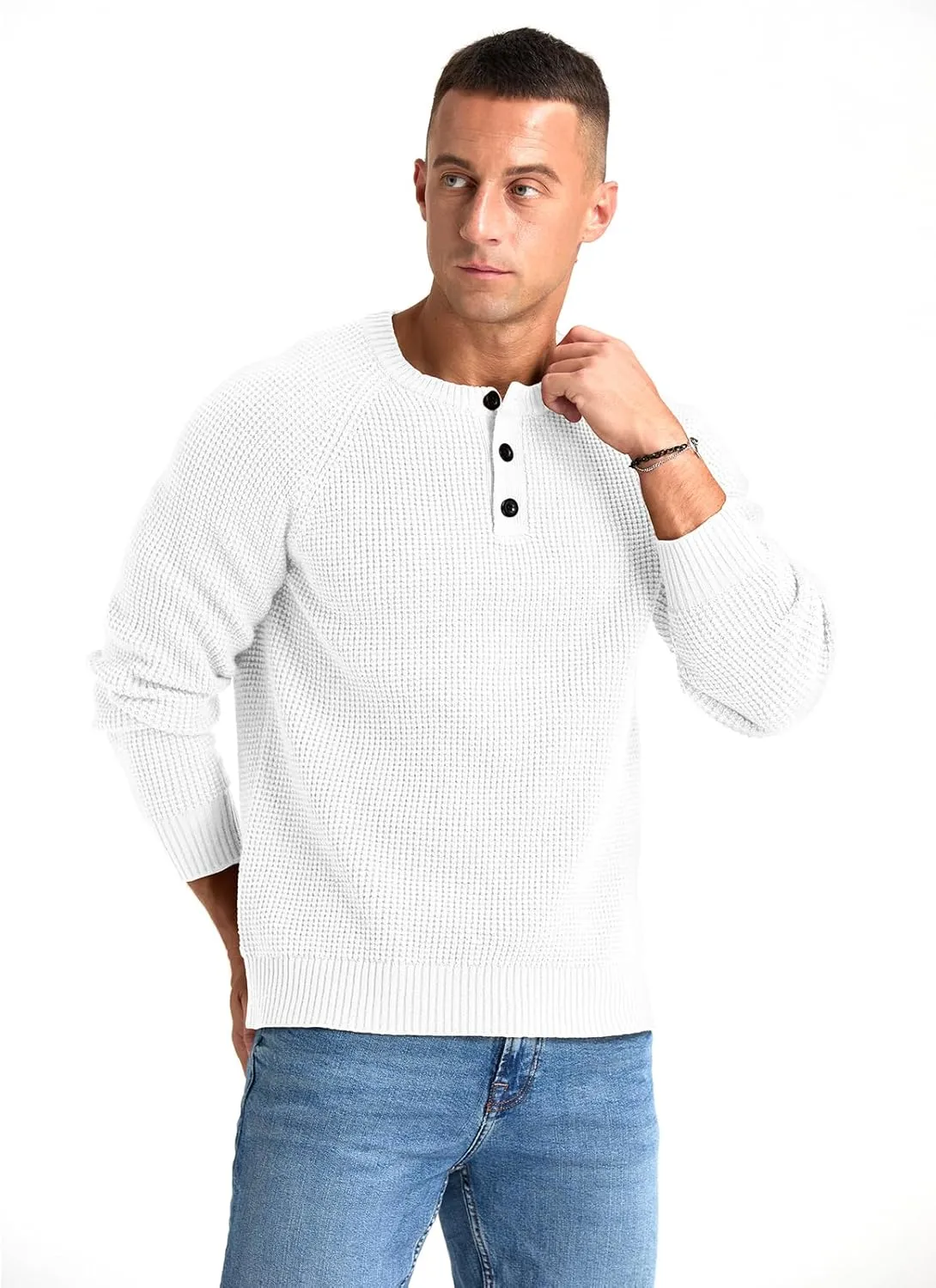 RQP Men's Henley Sweater Long Sleeve Button Crewneck Sweater Knit Sweater Casual Waffle Texture Pullover Sweater