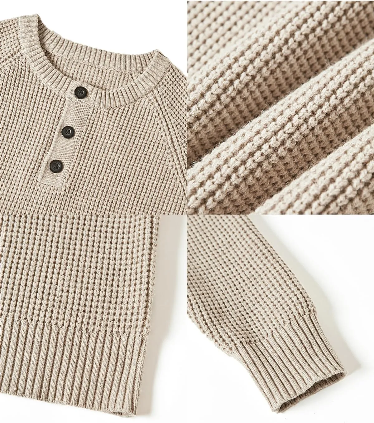 RQP Men's Henley Sweater Long Sleeve Button Crewneck Sweater Knit Sweater Casual Waffle Texture Pullover Sweater