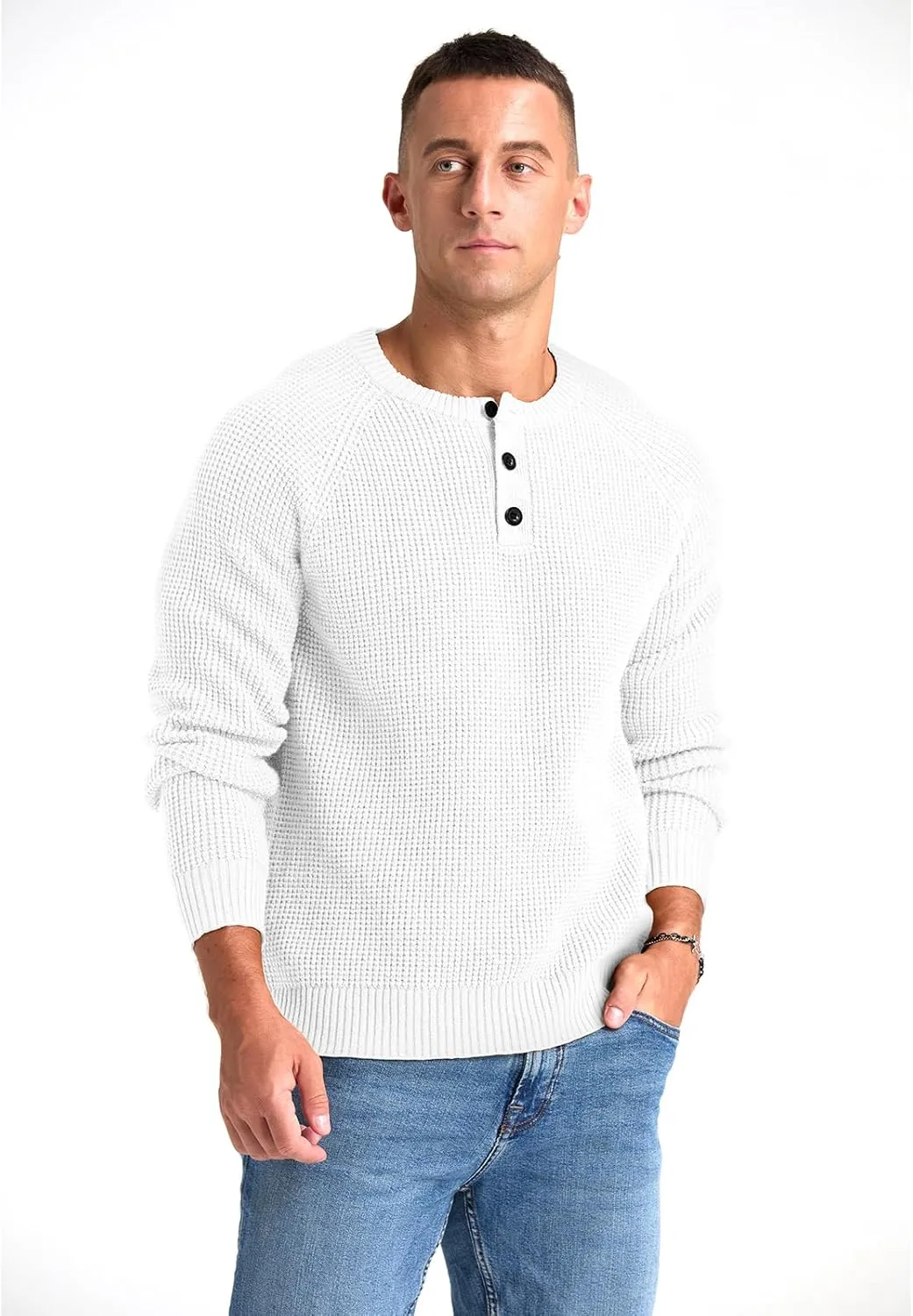 RQP Men's Henley Sweater Long Sleeve Button Crewneck Sweater Knit Sweater Casual Waffle Texture Pullover Sweater