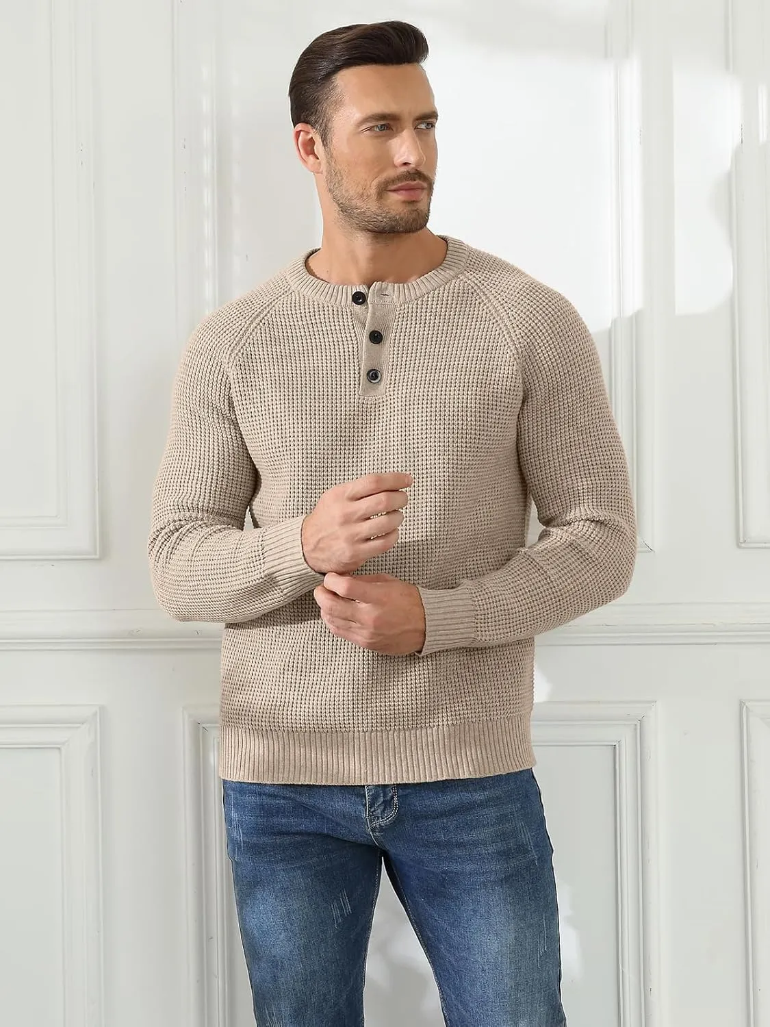 RQP Men's Henley Sweater Long Sleeve Button Crewneck Sweater Knit Sweater Casual Waffle Texture Pullover Sweater