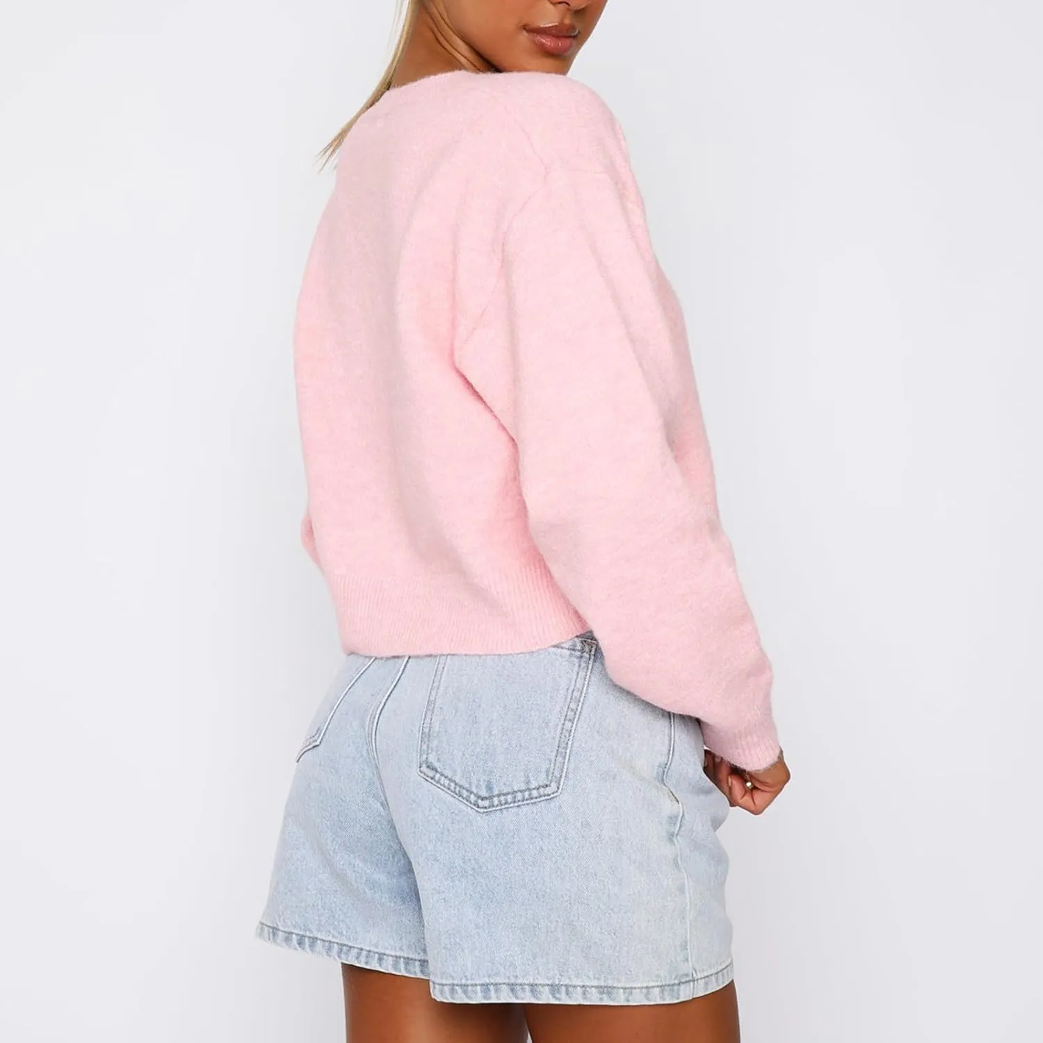 RUEWEY Women Y2k Crew Neck Button Down Long Sleeve Cropped Cardigan Knitted Sweater Light Jacket