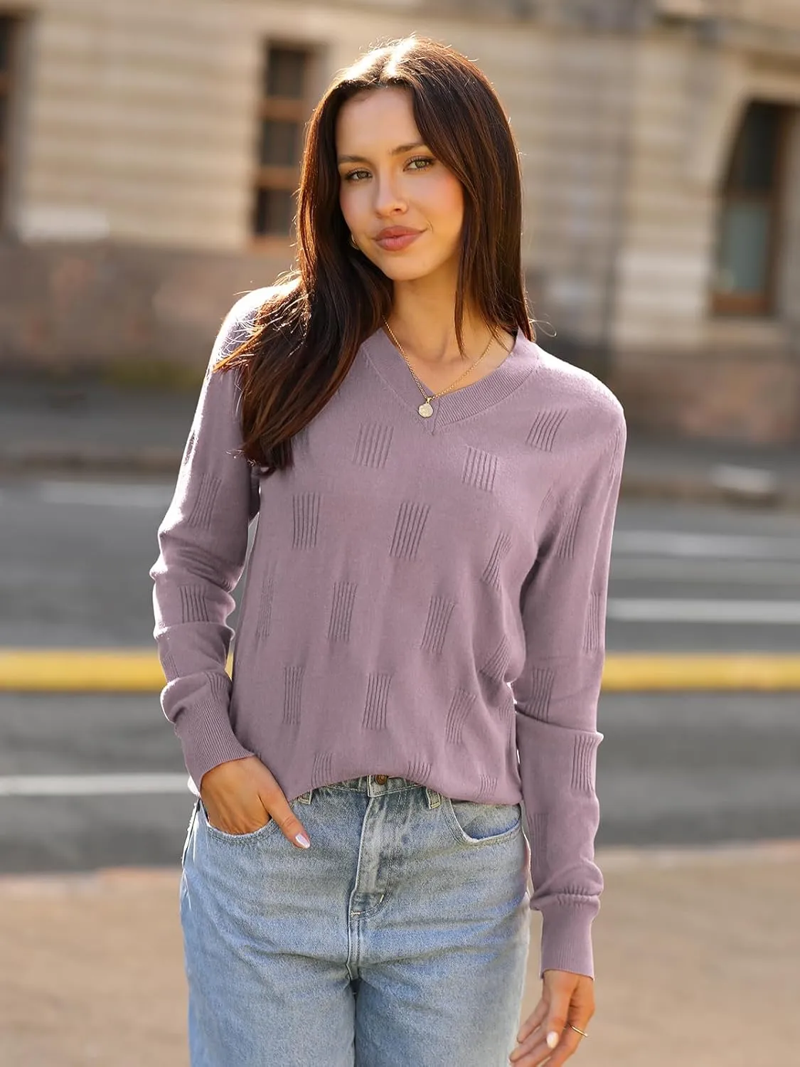 siliteelon Womens Sweater Long Sleeve Shirt V Neck Knit Sweater Work Casual Blouses Tops Lightweight Sweater Shirts