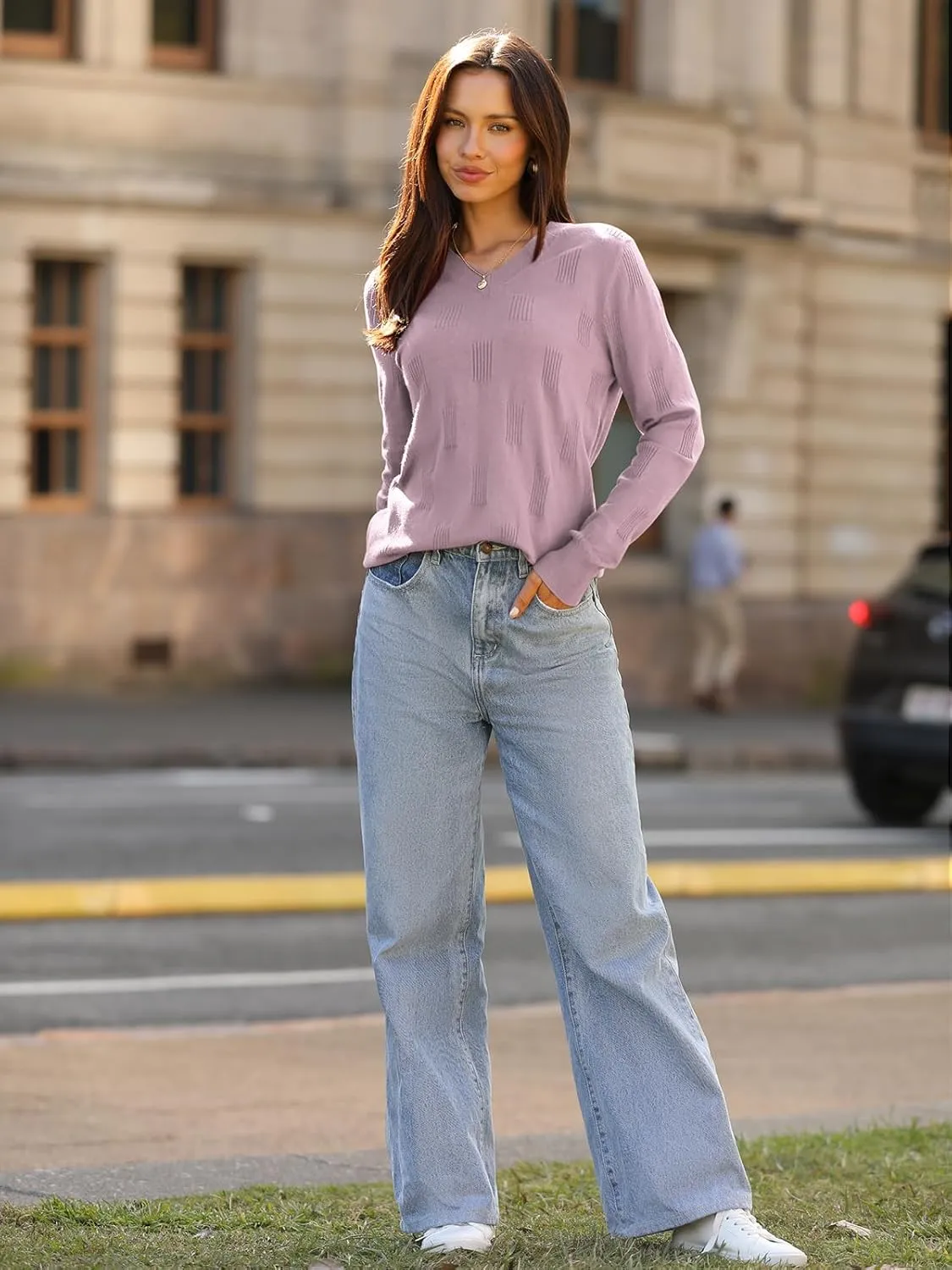 siliteelon Womens Sweater Long Sleeve Shirt V Neck Knit Sweater Work Casual Blouses Tops Lightweight Sweater Shirts