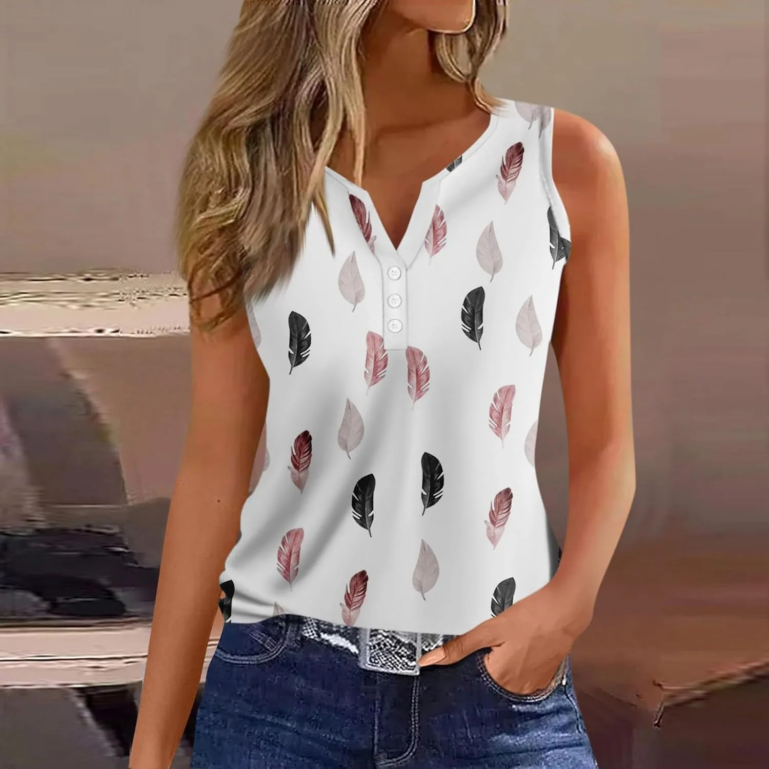 Sleeveless Womens Tank 2024 V-Neck Loose Tshirt Floral Printed Comfy Vest Flowy Daily Ladies Deep Side Cut Dressy