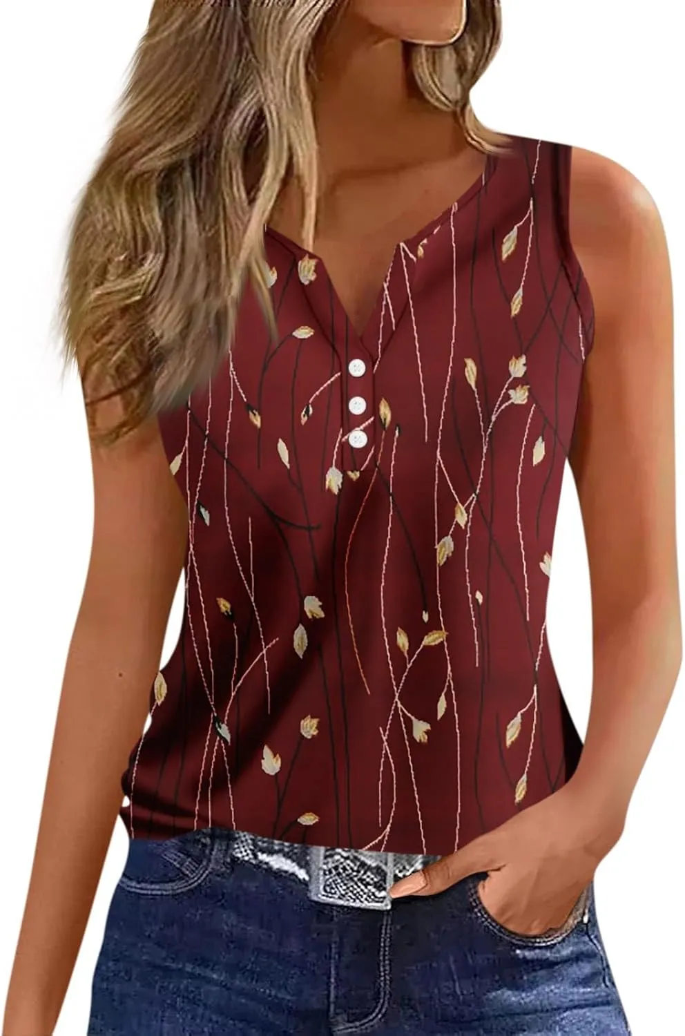 Sleeveless Womens Tank 2024 V-Neck Loose Tshirt Floral Printed Comfy Vest Flowy Daily Ladies Deep Side Cut Dressy