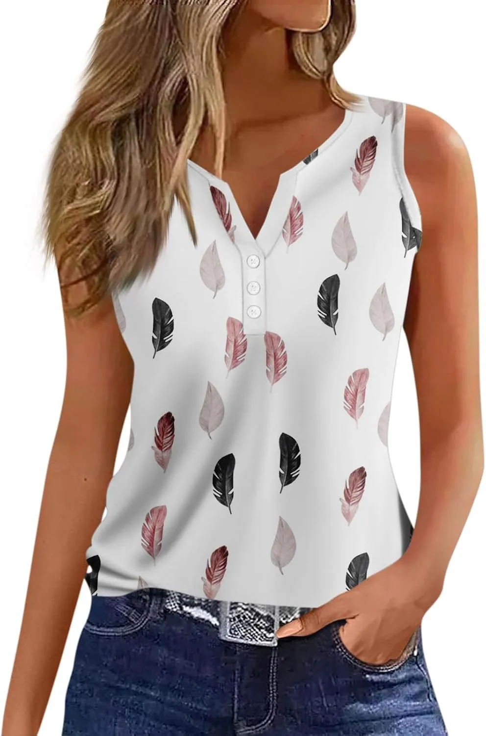 Sleeveless Womens Tank 2024 V-Neck Loose Tshirt Floral Printed Comfy Vest Flowy Daily Ladies Deep Side Cut Dressy