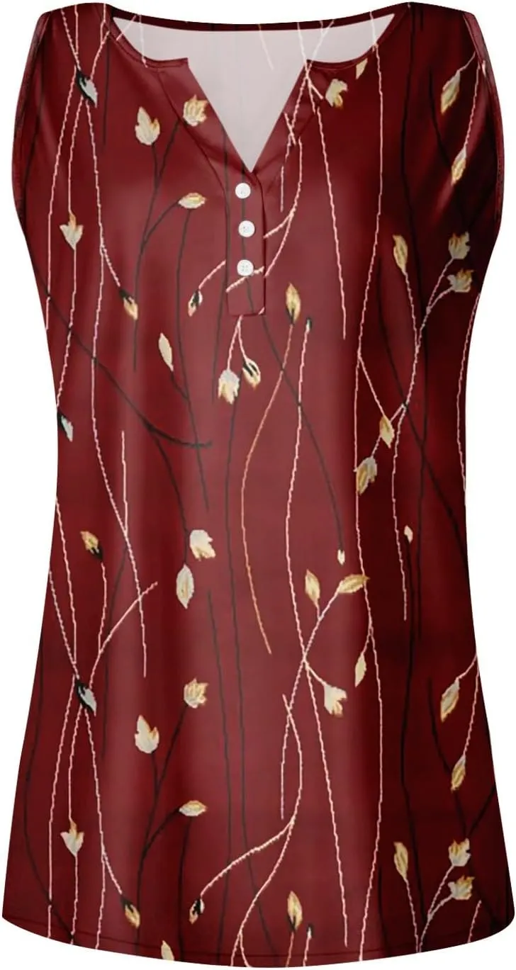 Sleeveless Womens Tank 2024 V-Neck Loose Tshirt Floral Printed Comfy Vest Flowy Daily Ladies Deep Side Cut Dressy
