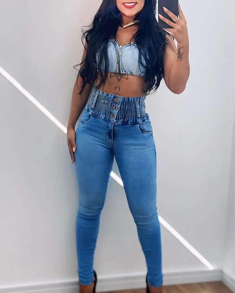 Stretchy Shirred High Waist Skinny Jeans