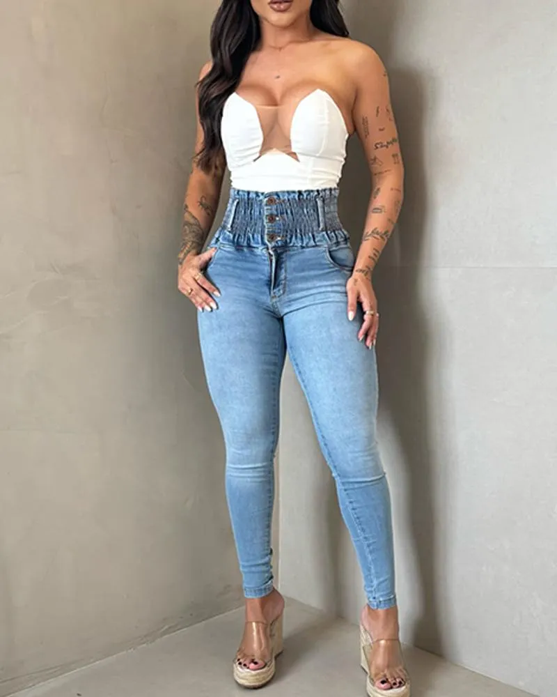 Stretchy Shirred High Waist Skinny Jeans